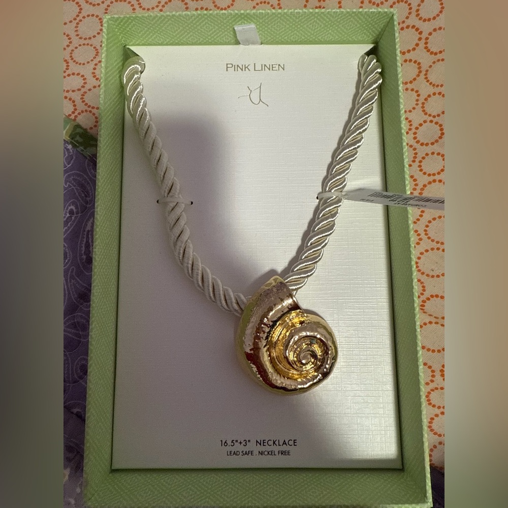 Pink Linen Gold Snail Shell Rope Statement Necklace NWT - Picture 2 of 2